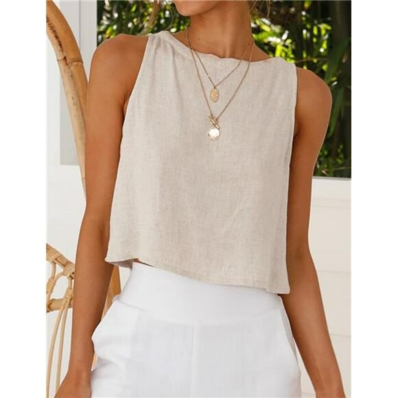 Womens Linen Crop Top Sleeveless High Neck Summer Tank Lightweight Casual - Picture 5 of 6